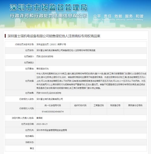 銷售侵犯他人注冊(cè)商標(biāo)專用權(quán)商品 深圳富士瑞機(jī)電設(shè)備被罰